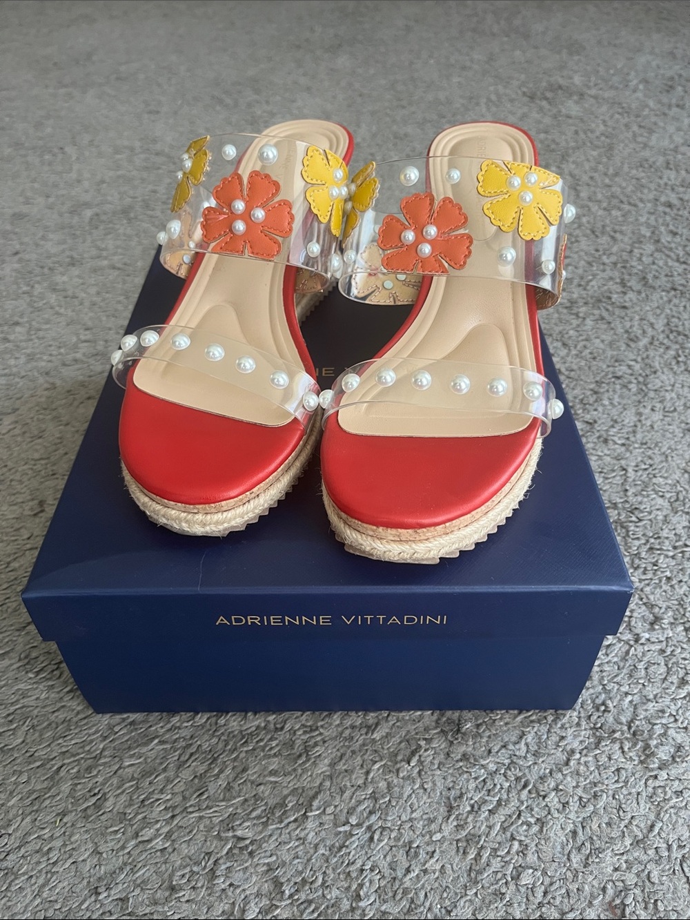 Adrienne Vittadini Red and Yellow Floral Pearl Wedge Slides